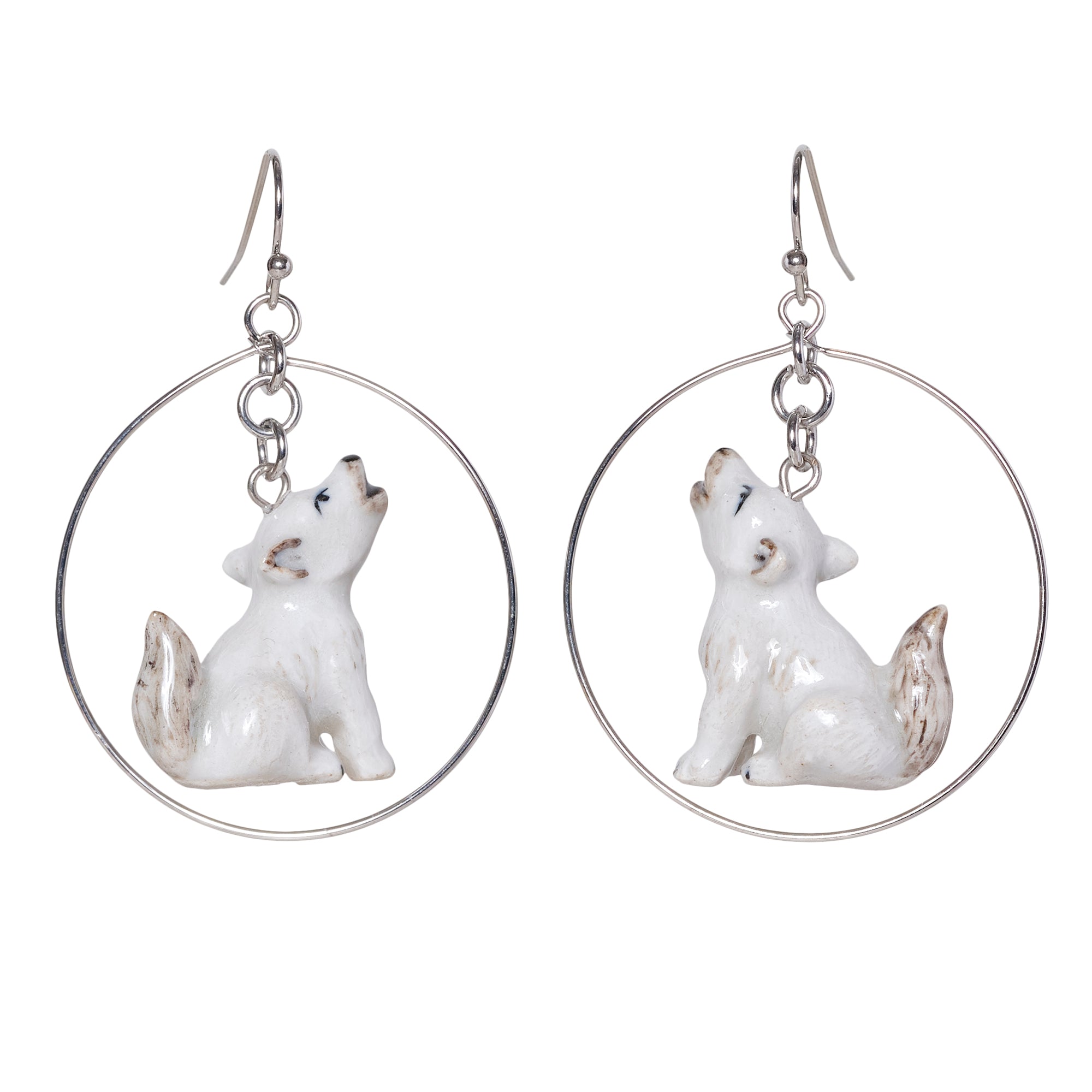 Howling Snow Wolf Cub Round Drop Earrings