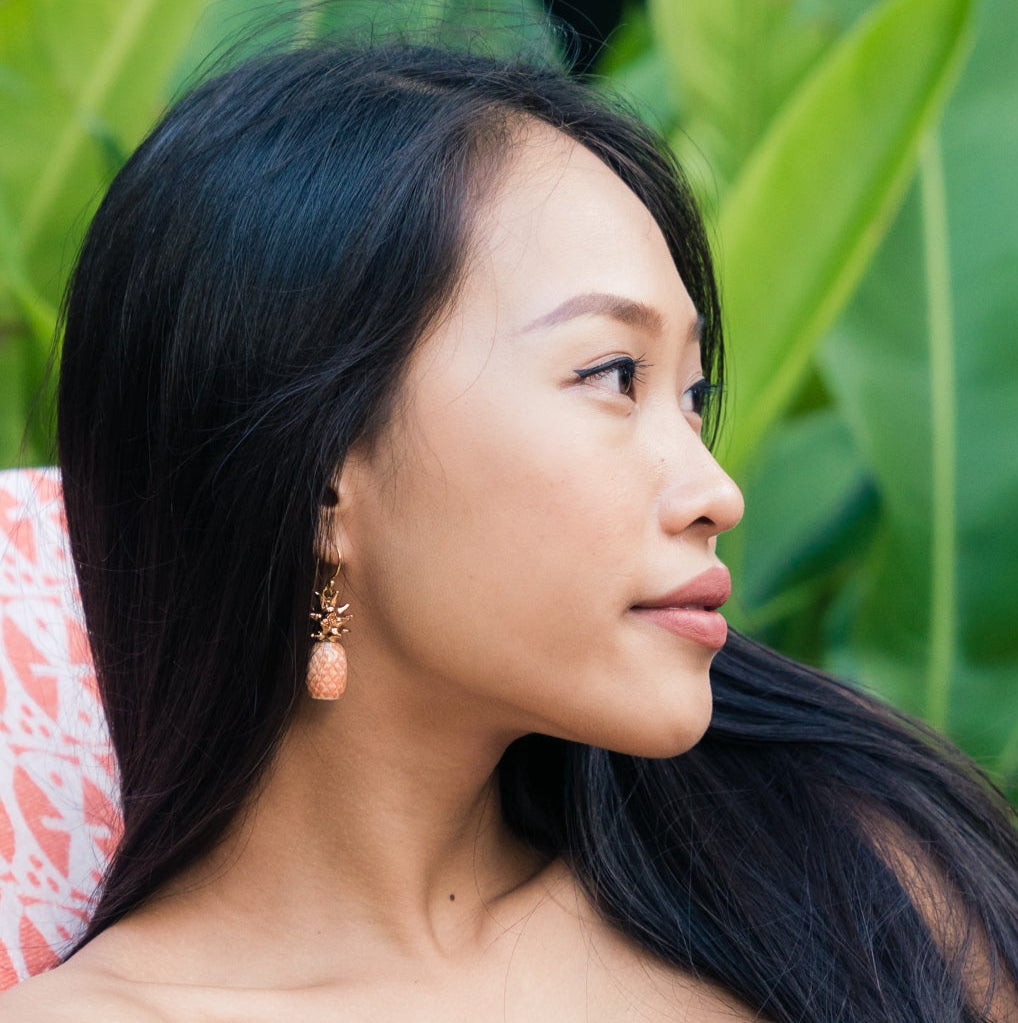 Peach Pineapple Earrings With Gold Leaves