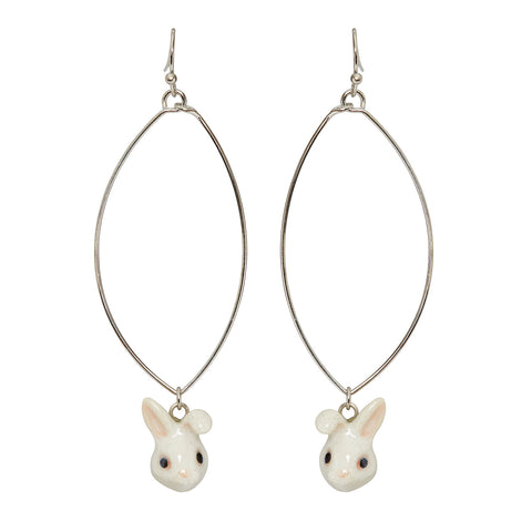 Oval Drop Cute White Bunny Earrings