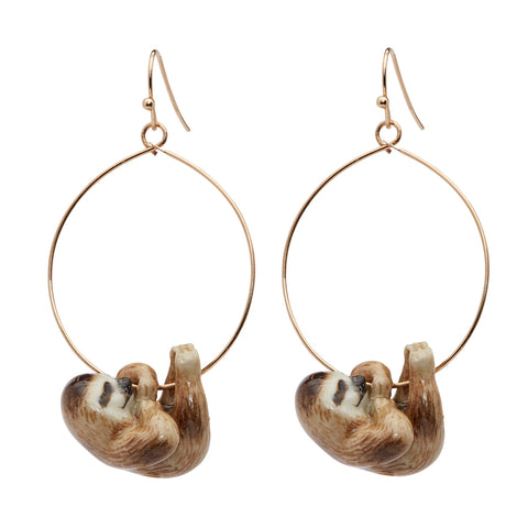 Hanging Sloth Hoop Drop Earrings