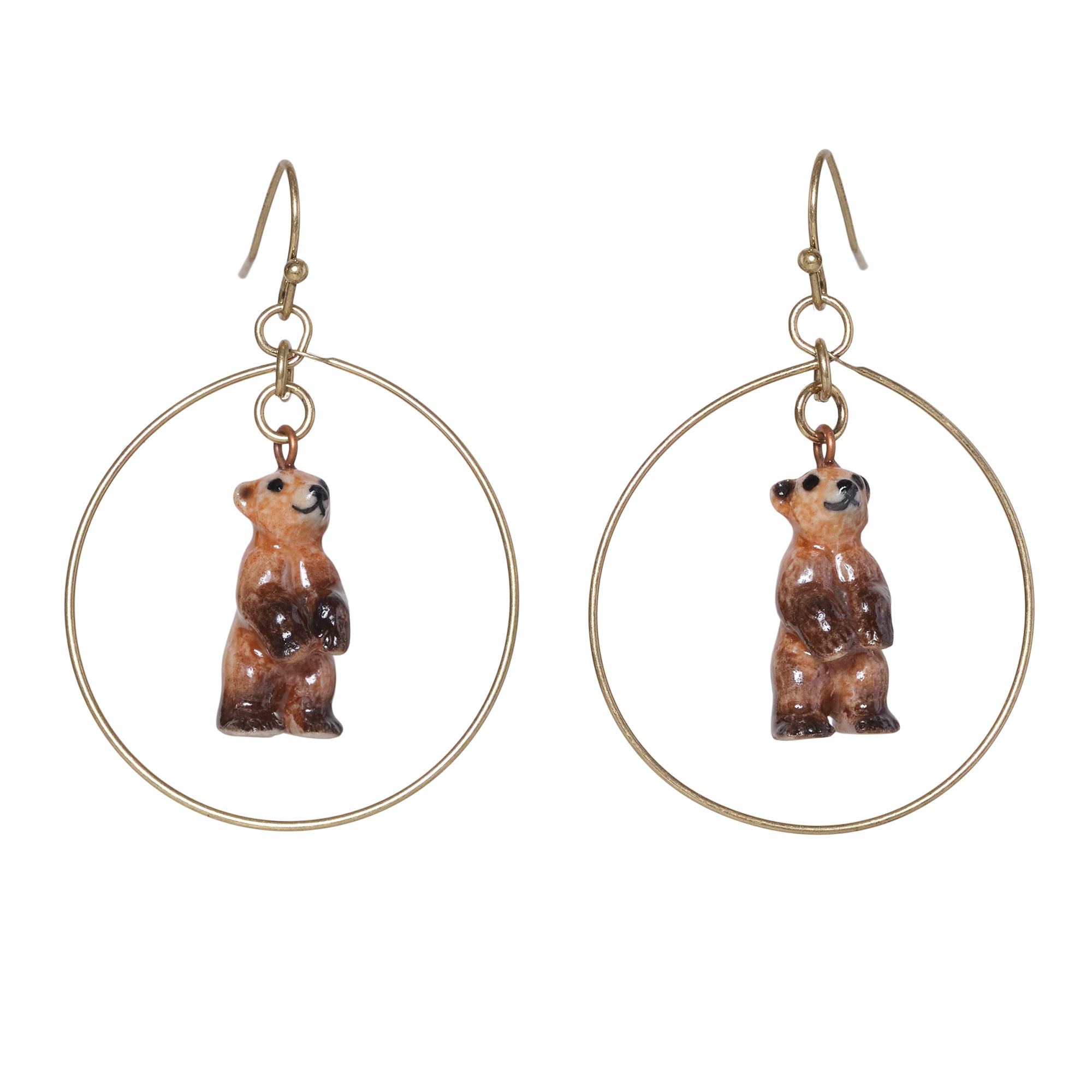 Standing Brown Bear Hoop Drop Earrings