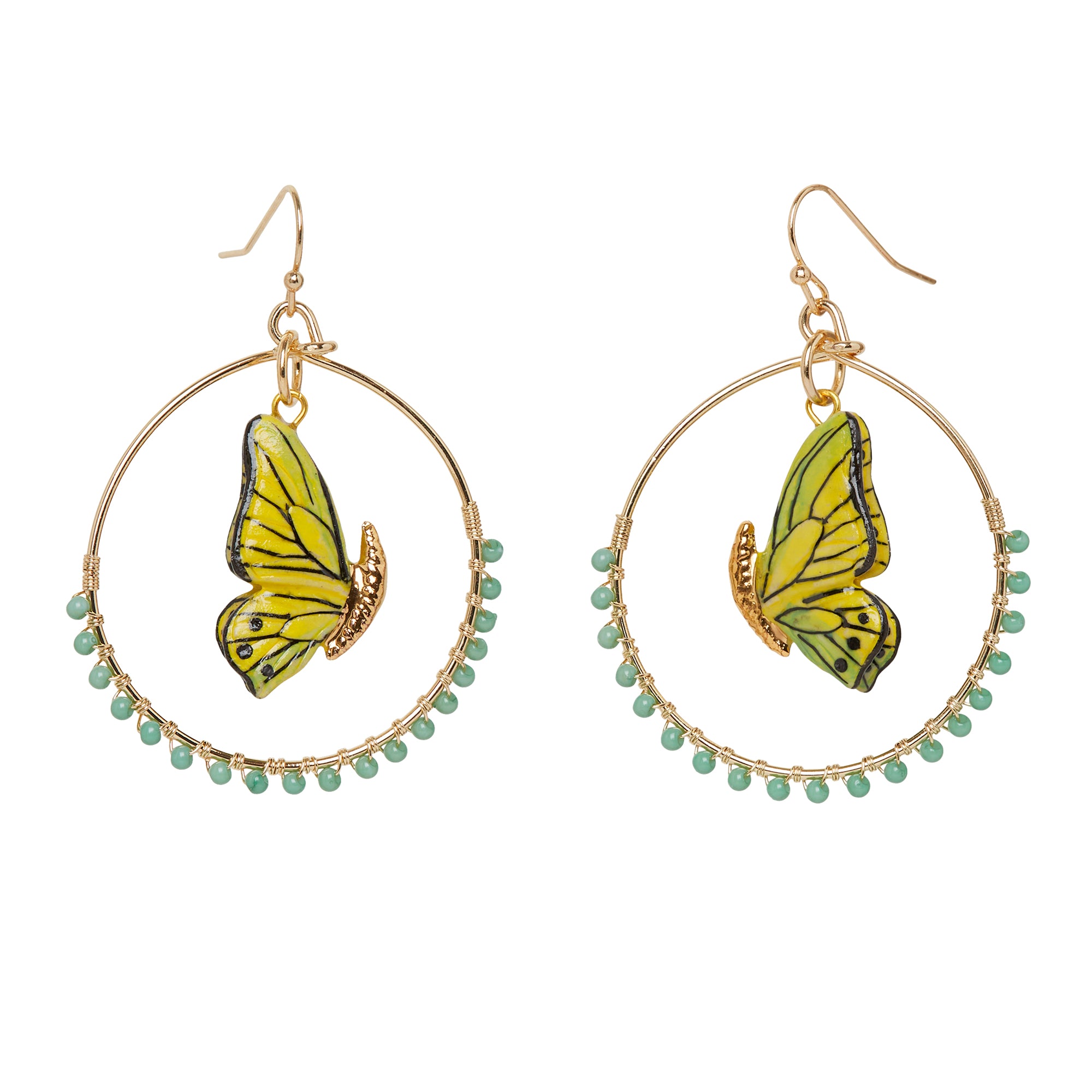 Closed Wing Butterfly Beaded Round Drop Earrings