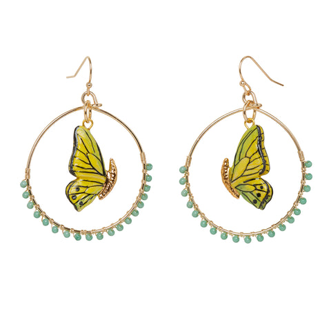Closed Wing Butterfly Beaded Round Drop Earrings