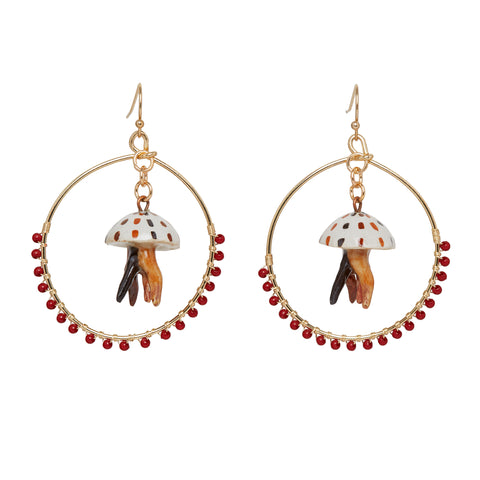 Red Jellyfish Hoop Beaded Drop Earrings