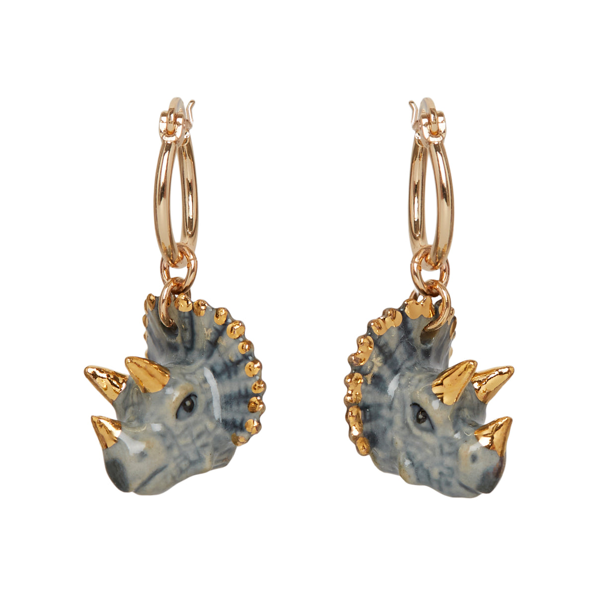 Small Blue &amp; Gold Triceratops Huggie Earrings
