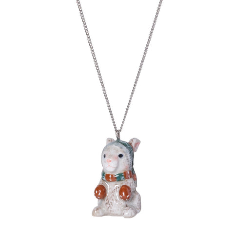 Cute Winter Bunny Necklace With Green Hat and Scarf