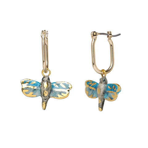Golden Blue Dragonfly Earrings