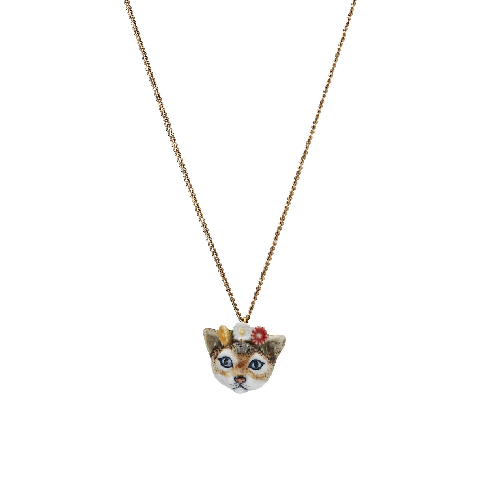 Kitten Head with Flowers Necklace