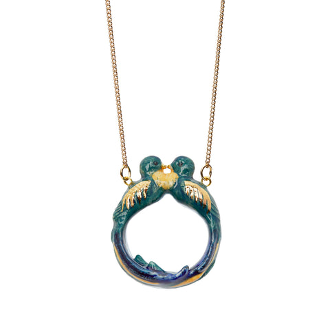 Teal Kissing Loop Tail Birds Necklace