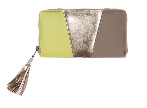 Summer Sale - Lime, Soft Putty And Soft Gold Leather Panel Tassel Purse