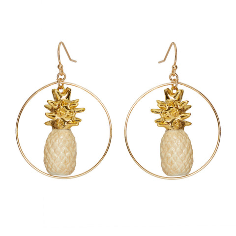 Beige & Gold Pineapple Round Drop Earrings
