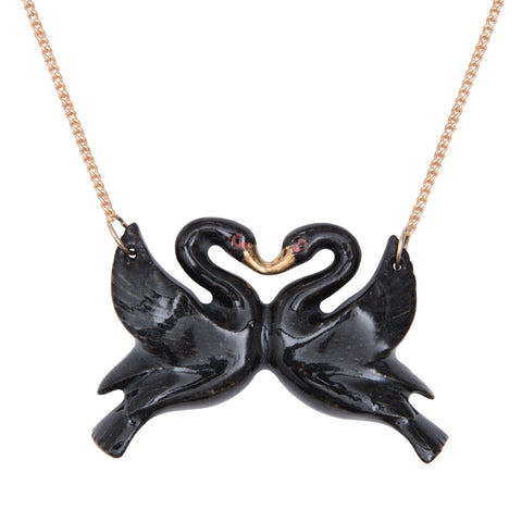 Black and Gold Kissing Swans Necklace