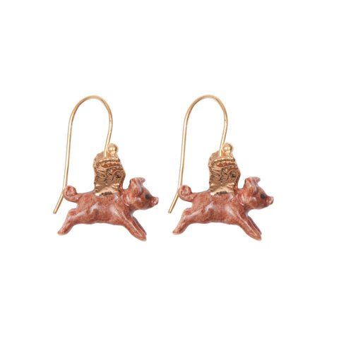 Tiny Flying Pig Earrings with Gold Wings