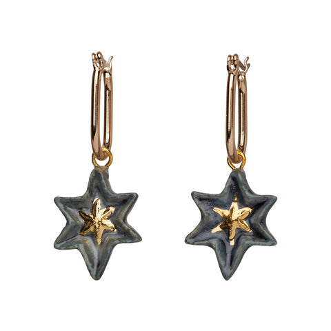 Grey Blue & Gold Star in Star Huggie Earrings