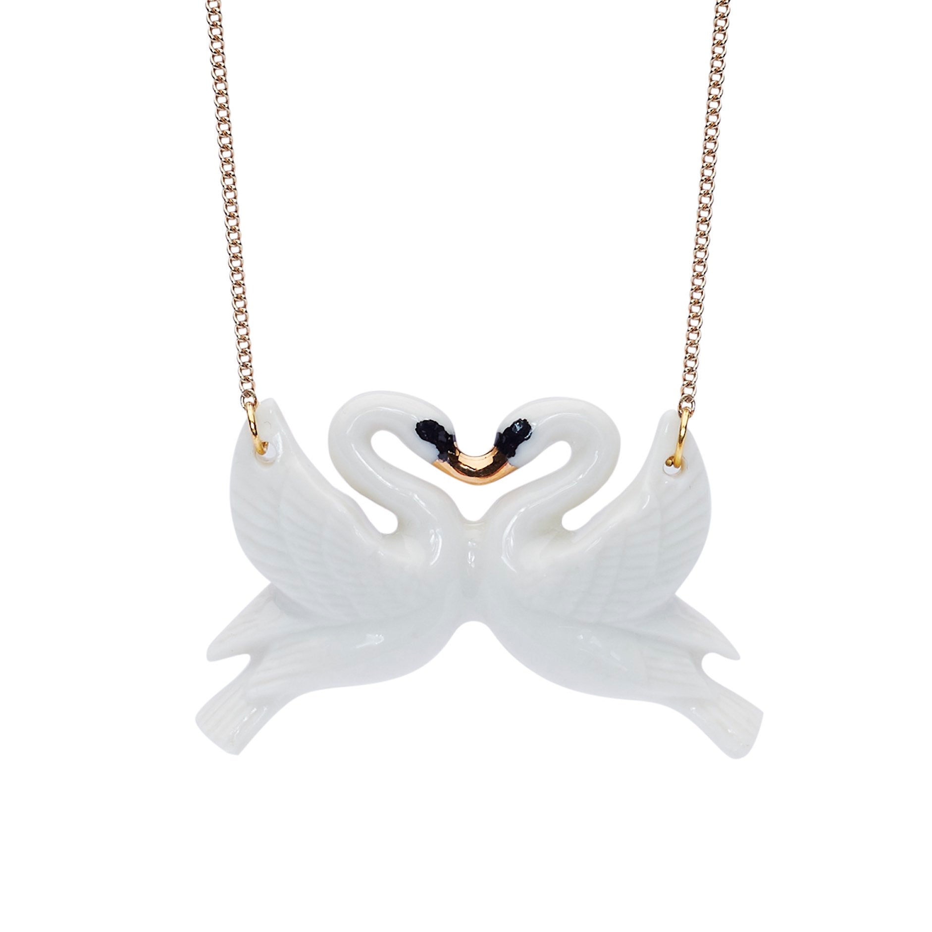 White and Gold Kissing Swans Necklace