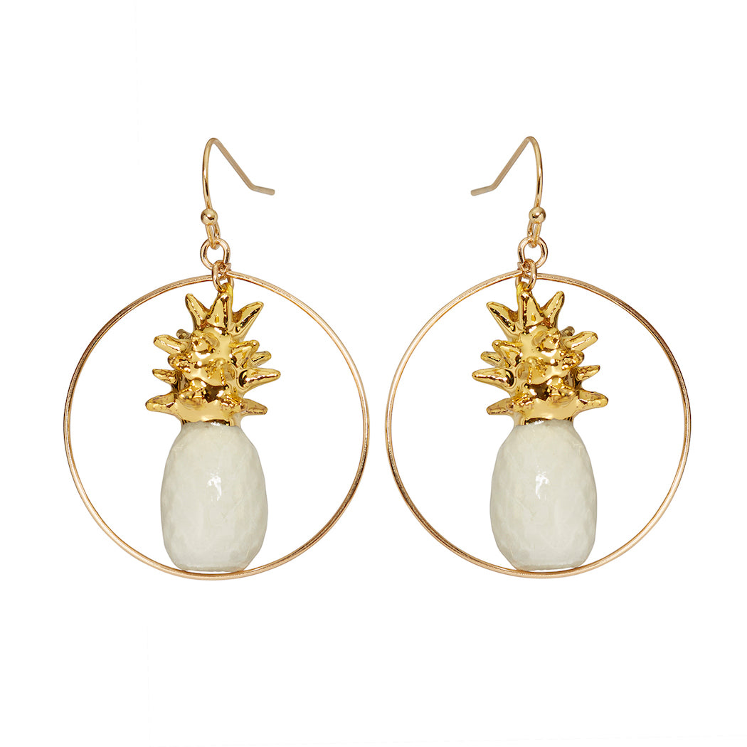 White & Gold Pineapple Round Drop Earrings